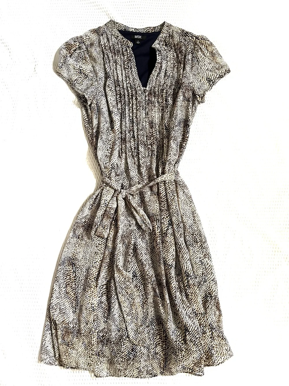 MSK Navy Blue and Cream Printed Short Sleeve Tie-Waist Dress